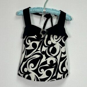 Baltex Women Black White Paisley Print Halter Tankini Top Sz 10 Stretch Swimwear